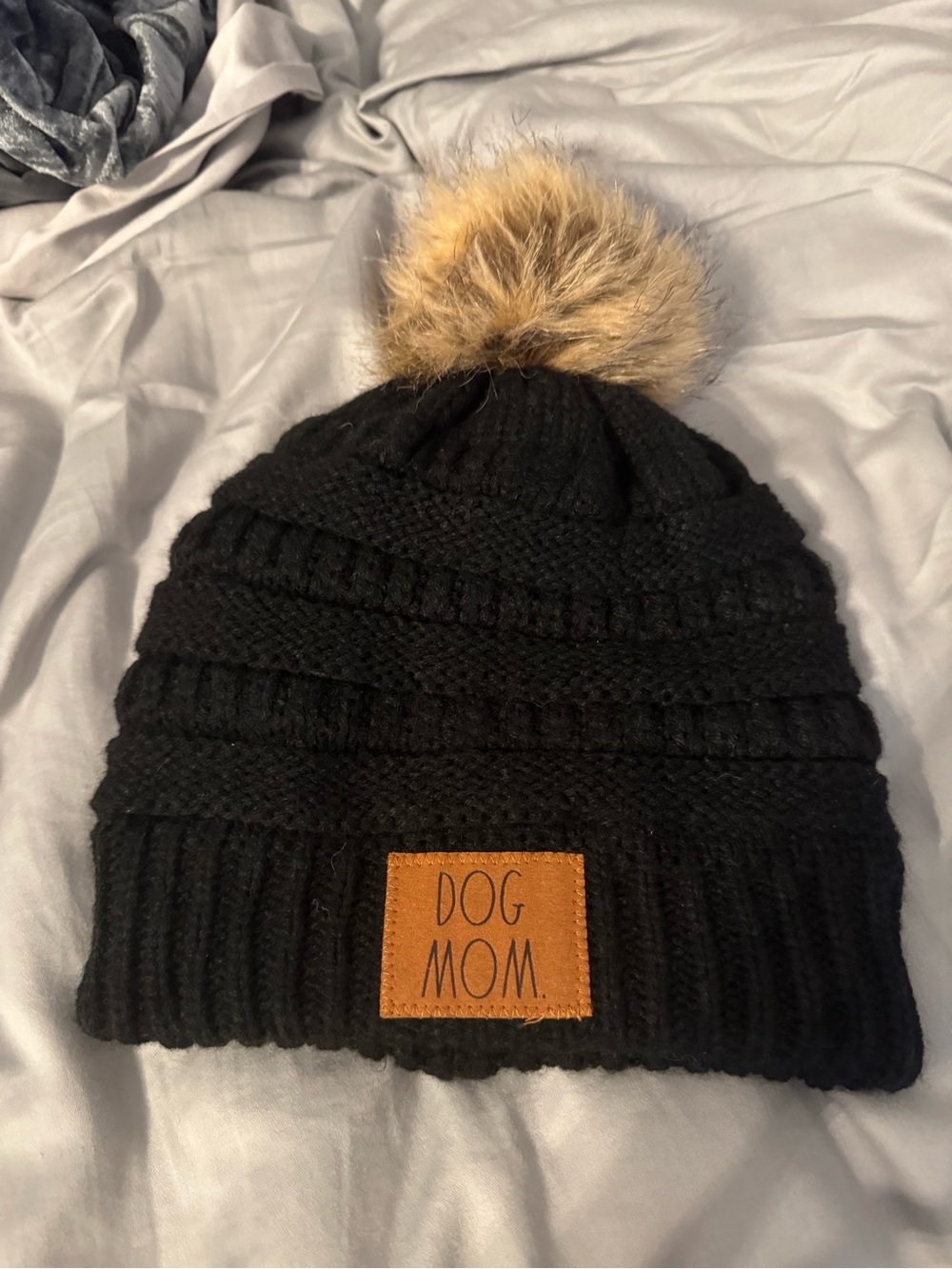 Rae Dunn Black Knit Beanie with Tan Faux Leather Patch